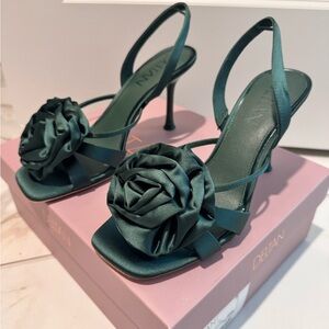 Elegant Satin Floral Heels in Teal